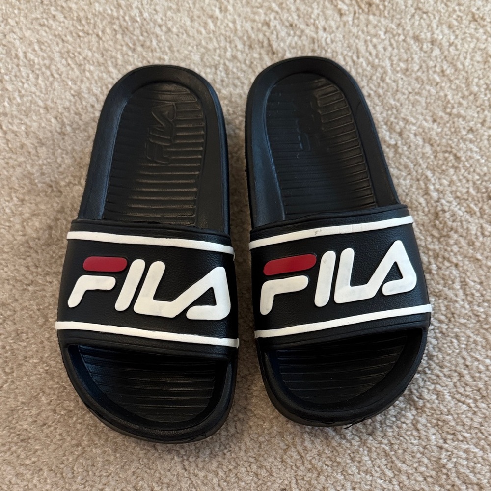 Fila Black Slide Sandals with White Logo and Red Accent